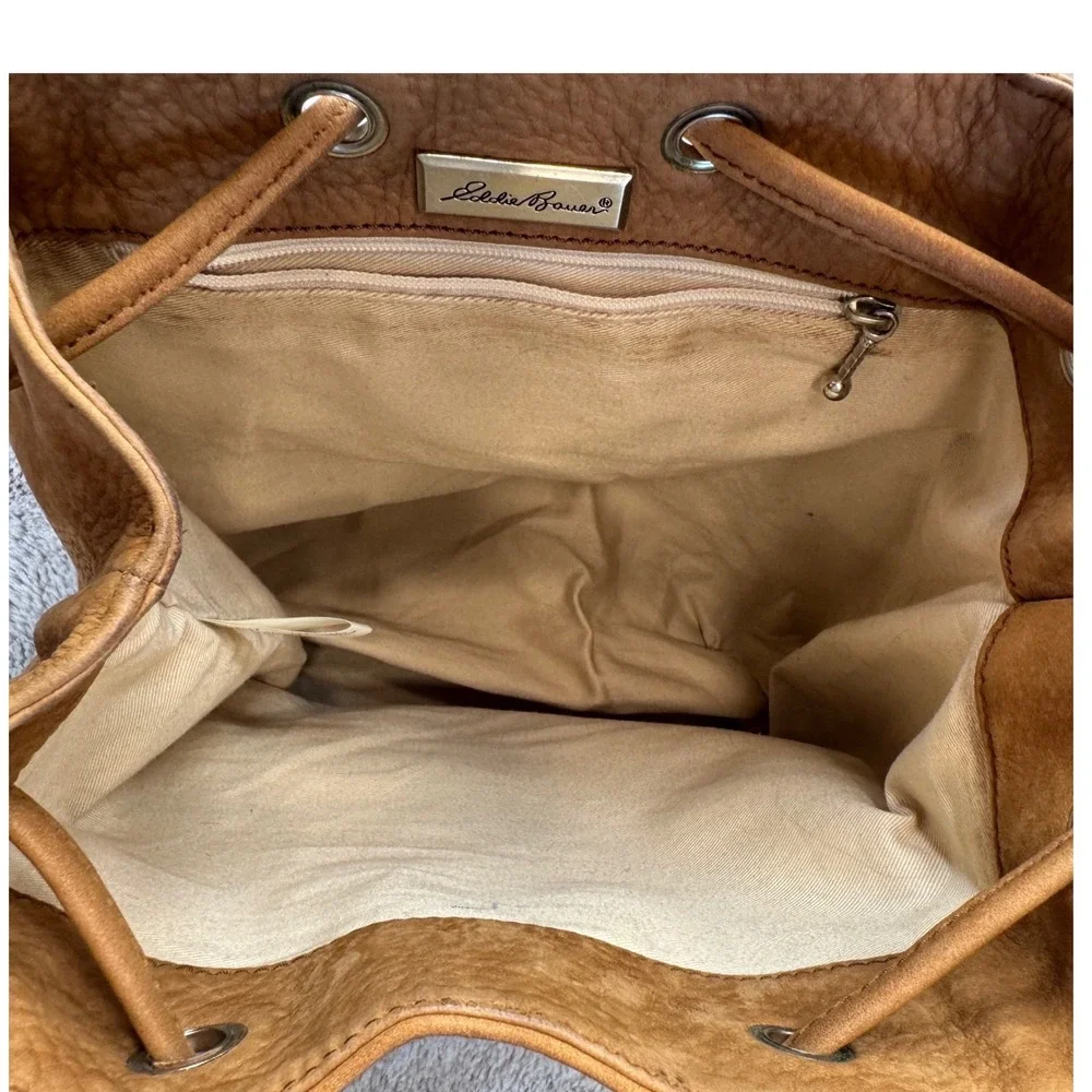 Eddie Bauer Tan Suede Leather Bag Drawstring One Shoulder Backpack Purse‎
